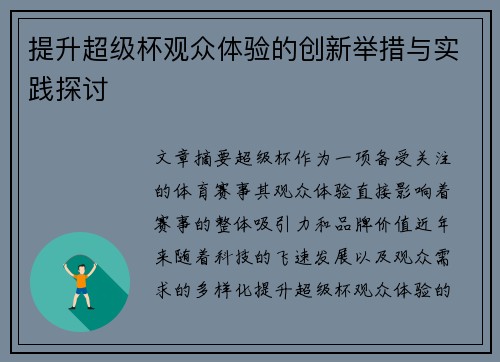 提升超级杯观众体验的创新举措与实践探讨
